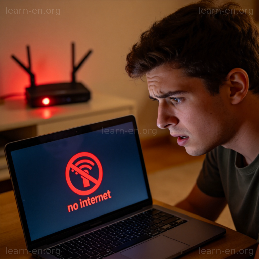 I can't connect to the internet 含义图解：用户困惑面对无网络提示的笔记本电脑