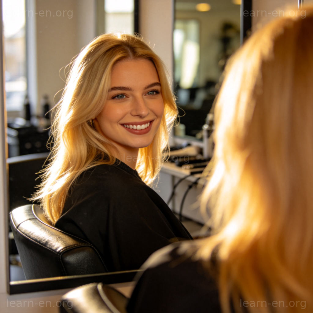 I'd like to lighten my hair 图解：女士在发廊微笑欣赏新染浅的金发