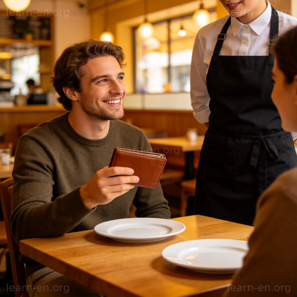 I'd like to pay, thank you 图解：餐厅顾客微笑持钱包对服务员说话