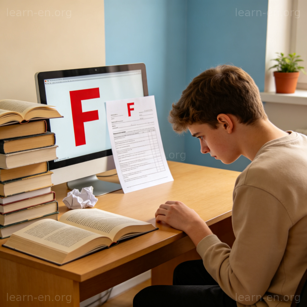 I failed the course 图解：学生沮丧地看着显示课程不及格的成绩单