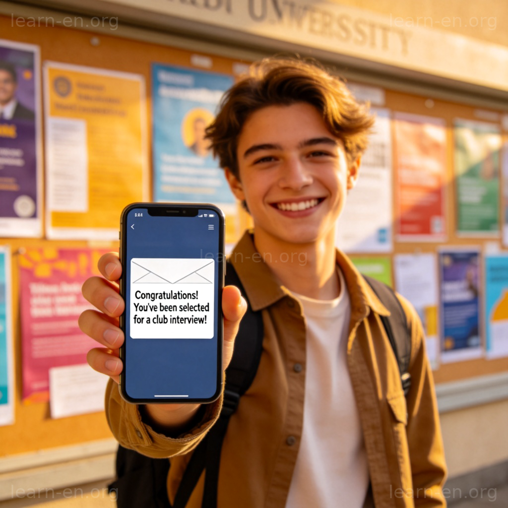 I got an interview for the club 图解：学生在校园布告栏前展示俱乐部面试通知