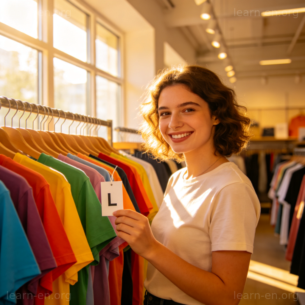 I'm a size large 图解：顾客手持L码标签在服装店挑选T恤