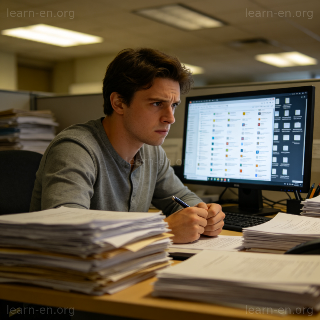 I'm swamped with work 图解：办公桌上堆满文件，形容工作繁忙