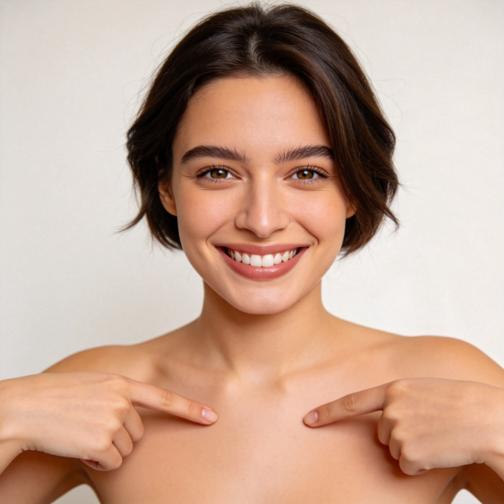 A person, smiling directly at the viewer, pointing a finger at their own chest. Plain, light-colored background. The focus is on the person's friendly expression and the clear pointing gesture. No text in the image.
