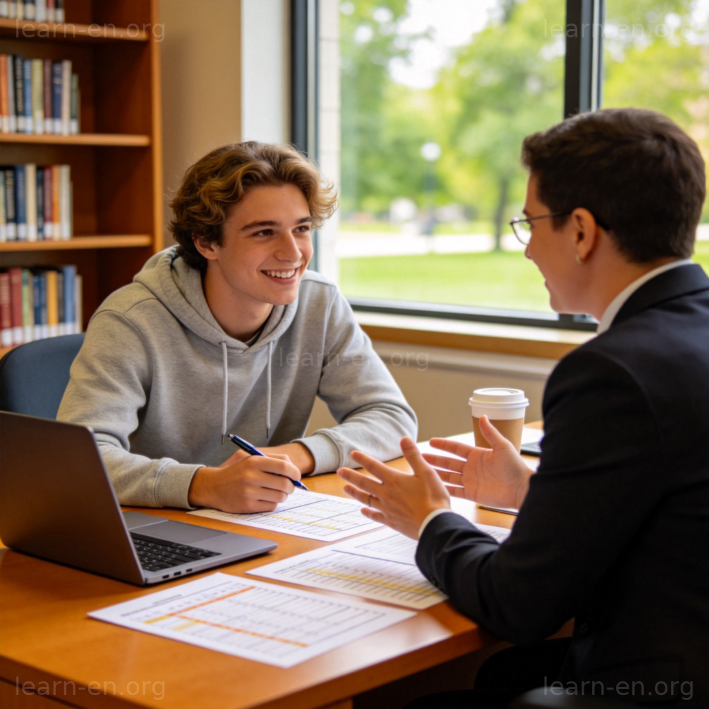 I need to meet with my academic advisor 场景图解：学生与学术顾问在办公室讨论课表