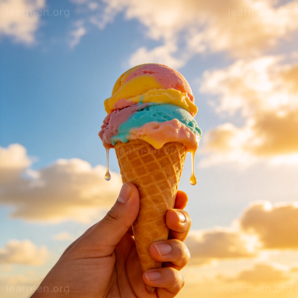 ice cream cone 图解：手持彩色冰淇淋甜筒，背景是夏日晴空