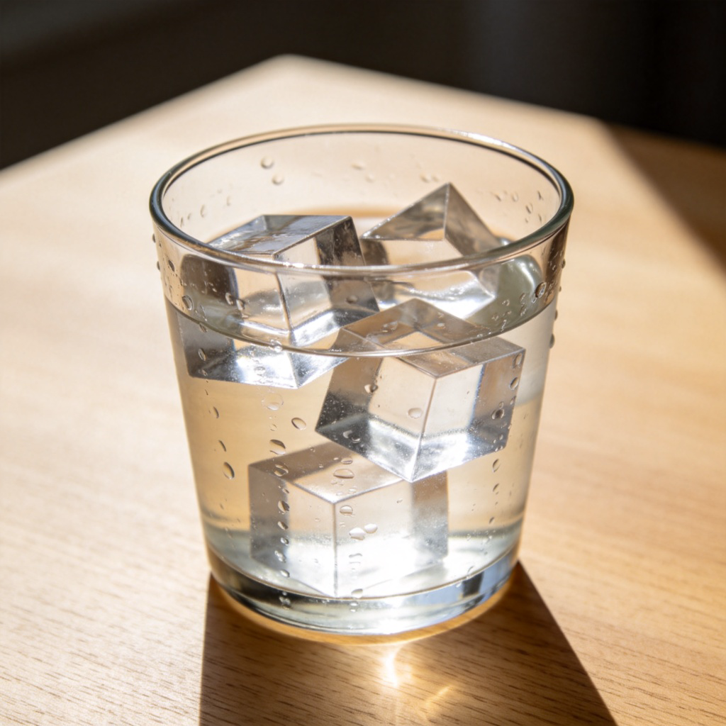A clear glass filled with water and several transparent, geometric ice cubes. Close-up view, showing condensation droplets on the outside of the glass against a plain wooden table. Bright, natural lighting highlights the clarity of the ice. No text or logos.