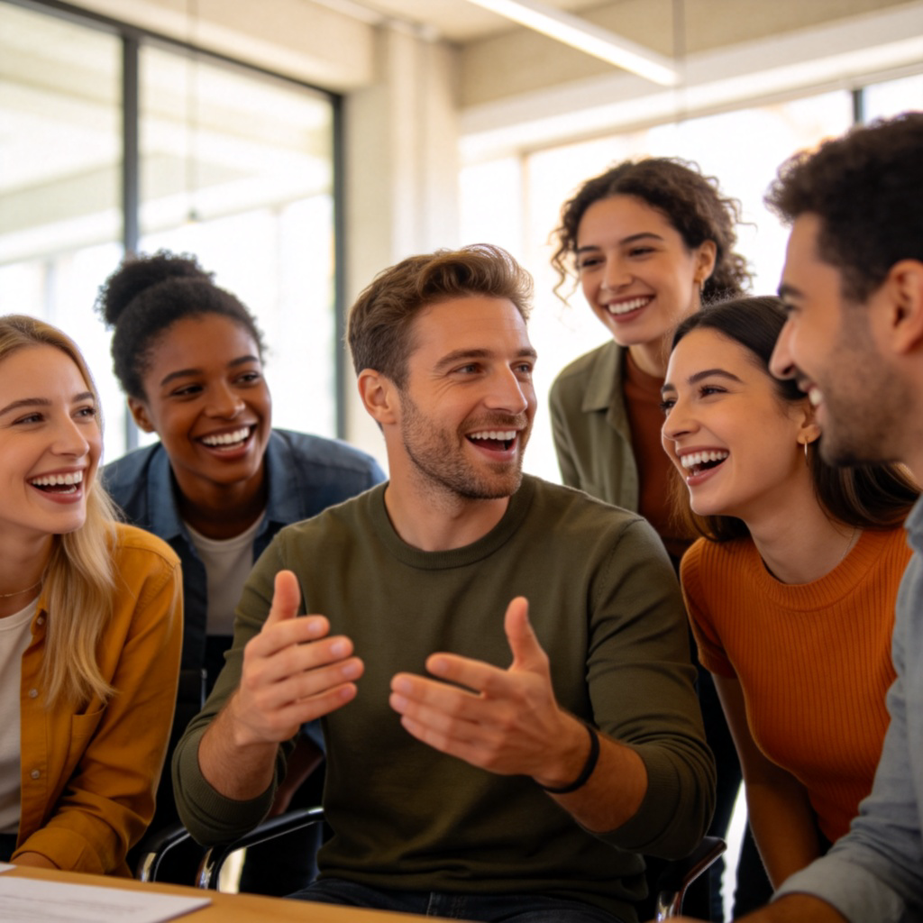 A group of diverse people smiling and talking comfortably in a bright, casual meeting room. One person in the center is speaking animatedly, with others leaning in and laughing, showing a relaxed atmosphere. No text.
