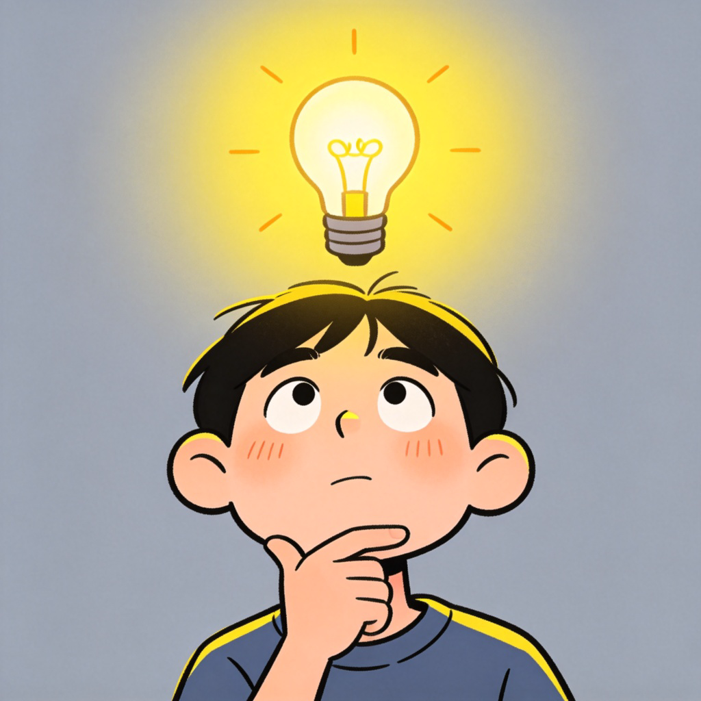 A cartoon-style light bulb glowing brightly above a person's head, symbolizing a new idea. The person has a thoughtful expression. Simple background, clean lines, vibrant yellow light. No text.