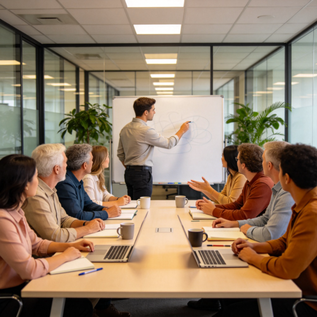 A group of diverse people sitting around a table in a modern office, looking at a whiteboard. One person is standing, pointing at a written suggestion or plan on the board. Focus on collaboration and discussion. No text.
