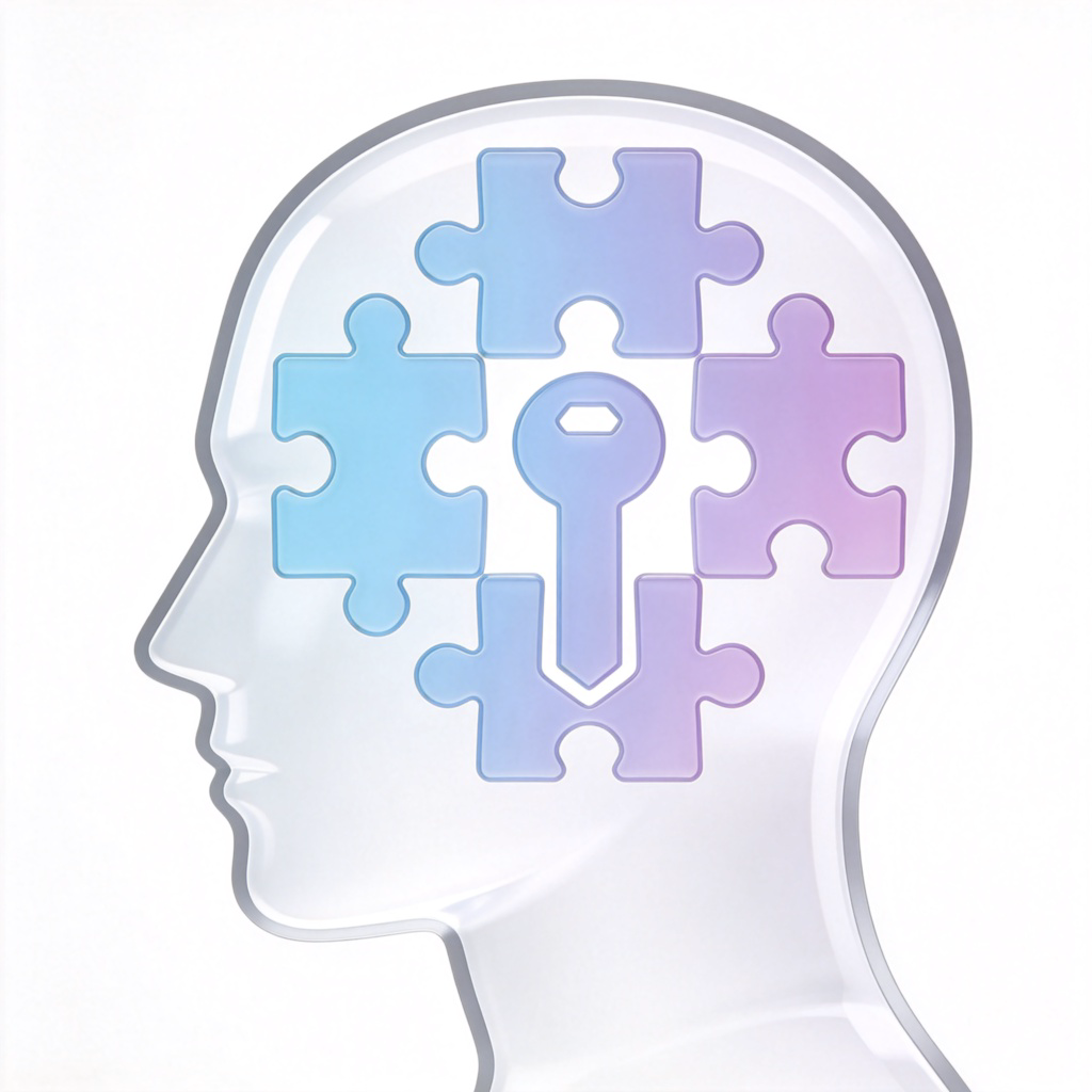 An abstract image of puzzle pieces coming together inside a transparent head silhouette, forming a key shape. Represents the formation of an understanding or concept. Simple geometric shapes, clean background. No text.