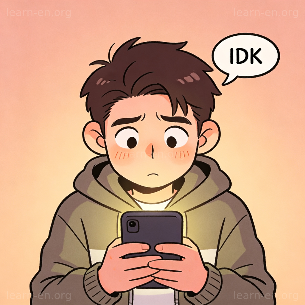 IDK 图解：困惑表情的人看着手机屏幕上弹出的‘IDK’文字气泡