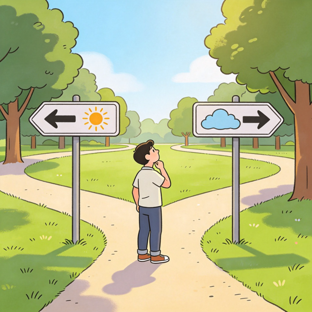 A person standing at a fork in a path in a park, looking at two signposts. One sign points left towards 'Picnic Area (Sunny)', the other points right towards 'Indoor Cafe (Rainy)'. The person is looking thoughtful, representing a decision based on a condition. Clear daylight, cartoon illustration style, no text on signs except simple icons (sun and cloud).