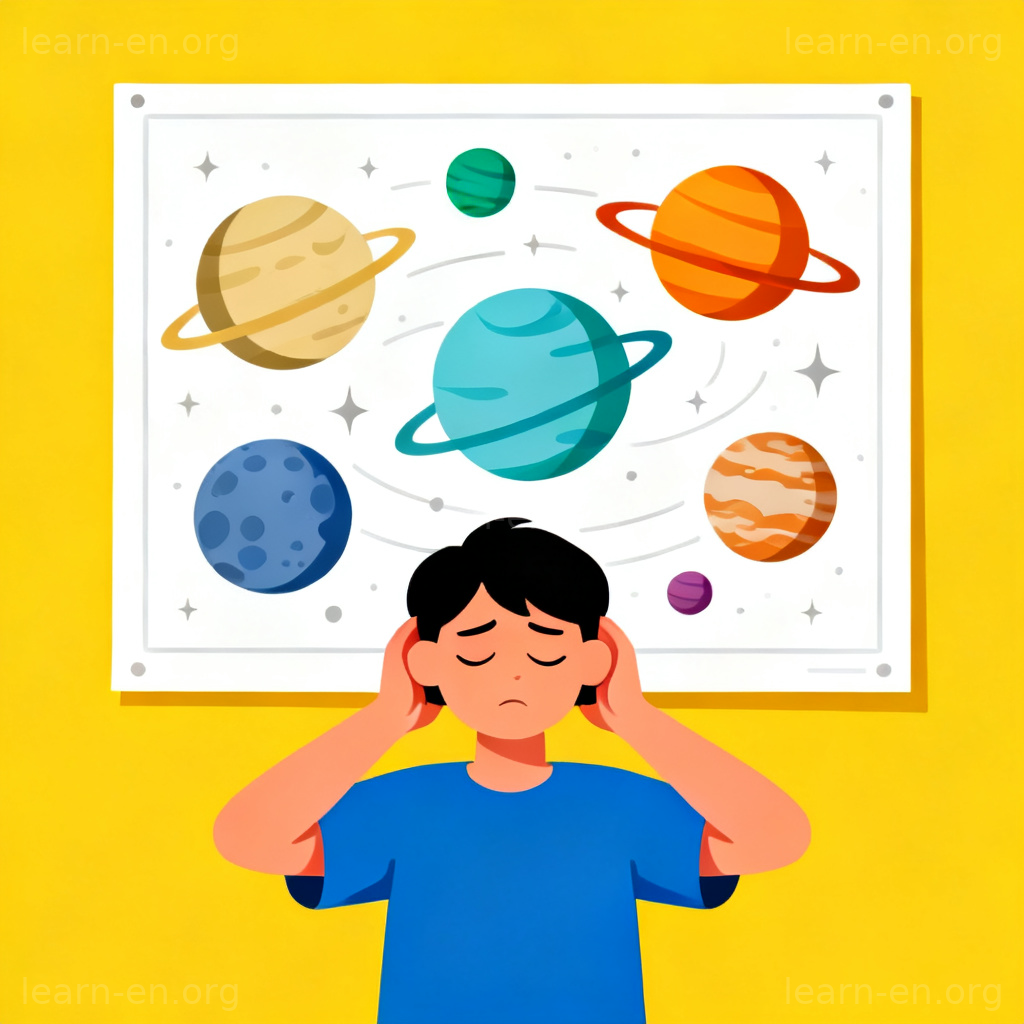 Ignorance symbol: person ignoring educational poster about astronomy, hands over ears.