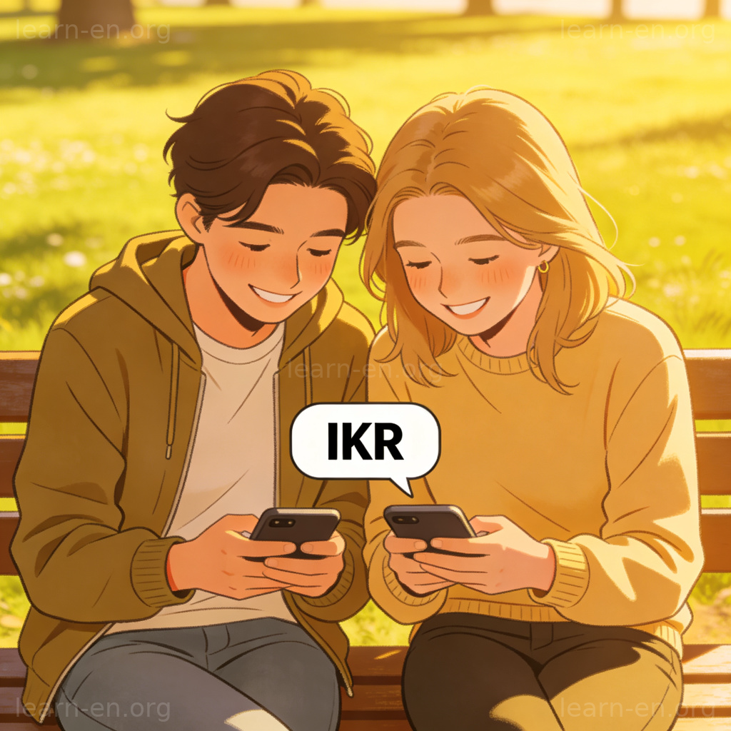 IKR含义图解：两位朋友用手机聊天，对话框显示IKR表示共鸣
