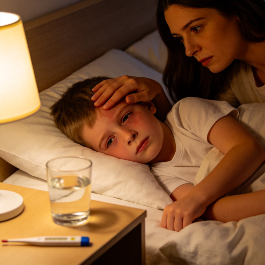 A young child lying in bed at home, looking tired and flushed, with a concerned mother feeling his forehead. A thermometer and a glass of water are on the bedside table. Warm, soft lighting from a lamp. Focus on the child's face and the mother's caring gesture. No text.