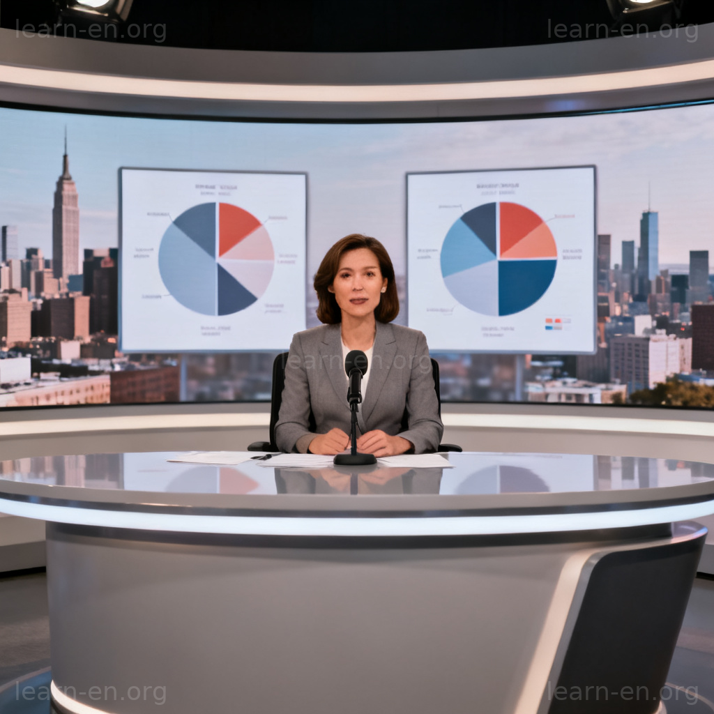 Impartial news anchor at desk with balanced screens