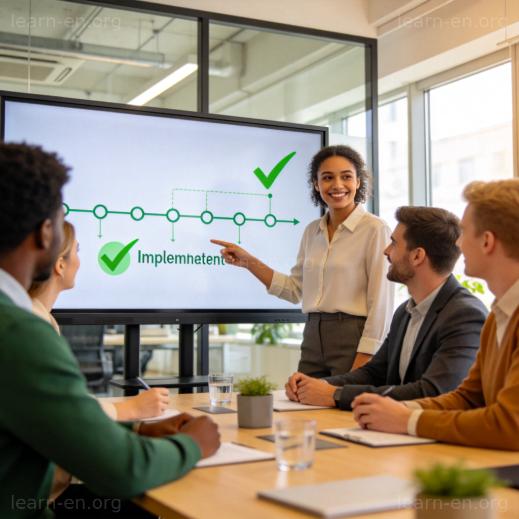 implementation 图解：团队在会议室成功实施项目计划的场景