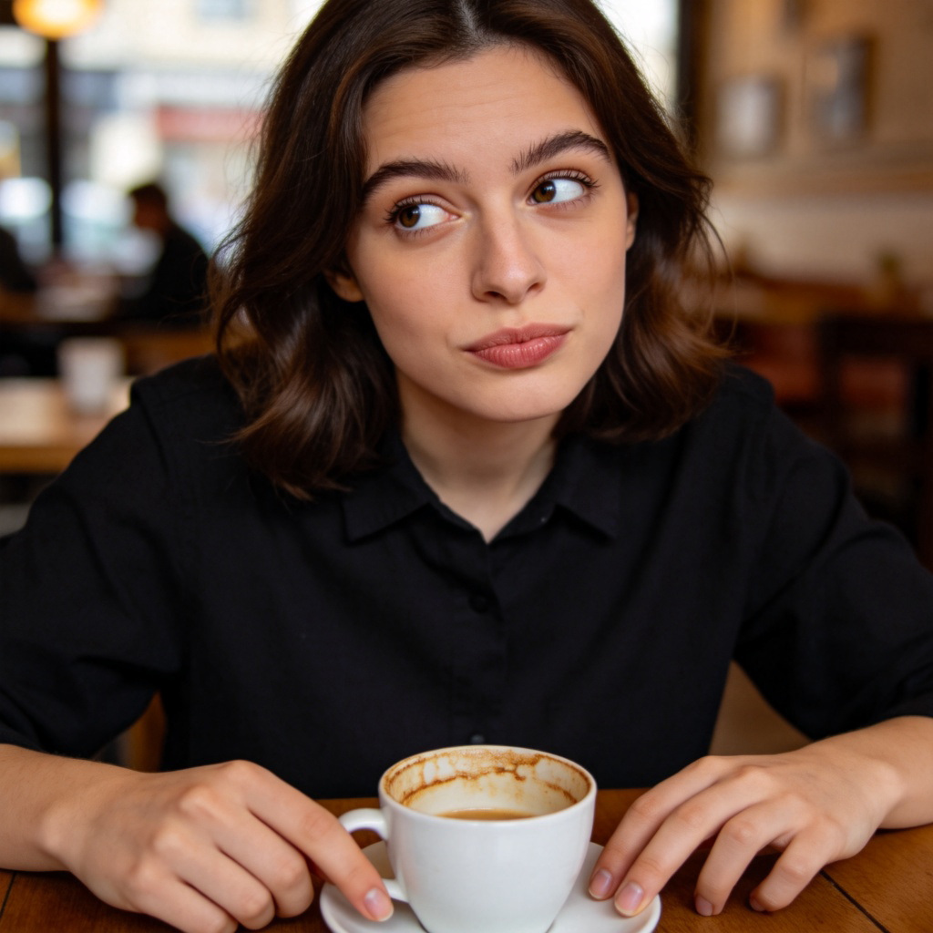A close-up of a person's face with a thoughtful expression, looking slightly to the side while slightly raising their eyebrows and pursing their lips. They are sitting across a table in a cozy cafe. A half-finished cup of coffee is on the table. The person's finger is tapping lightly on the table, conveying a sense of unspoken meaning or hidden message. Natural, soft lighting, focus on the person's expression. No text.