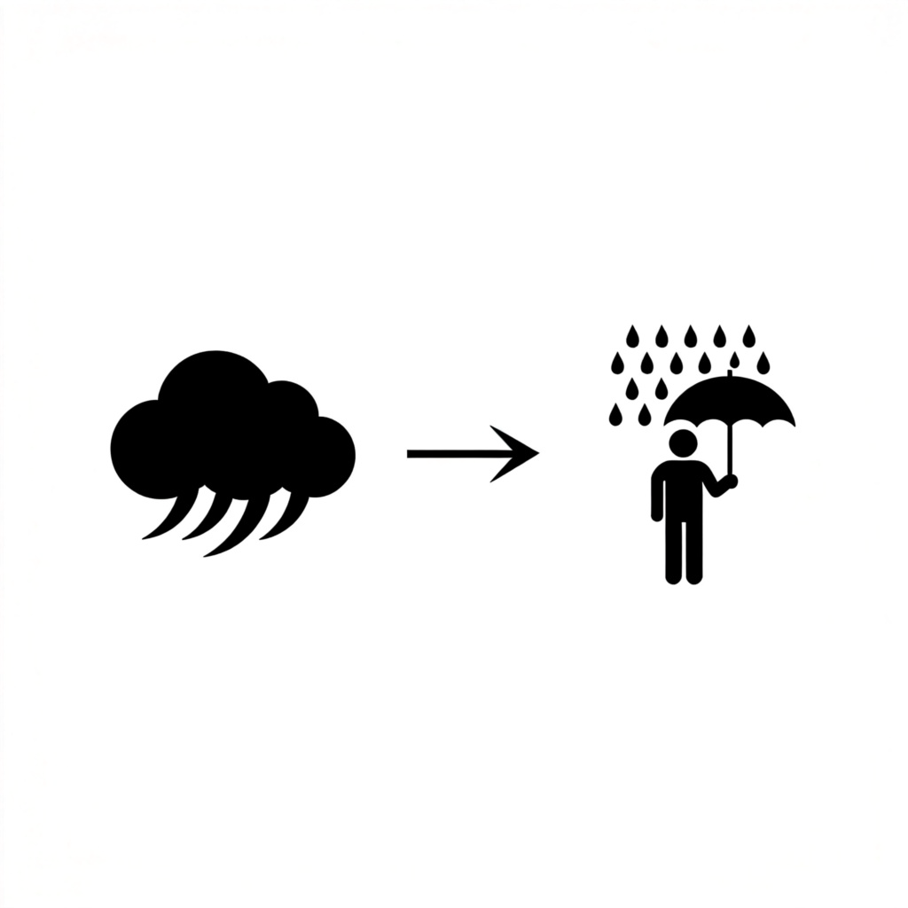 A visual infographic showing cause and effect. On the left side, an icon of dark storm clouds. An arrow points from the clouds to the right side, where an icon of falling rain drops and a person holding an open umbrella. The background is clean and white, making the logical sequence very clear. No text on the icons.