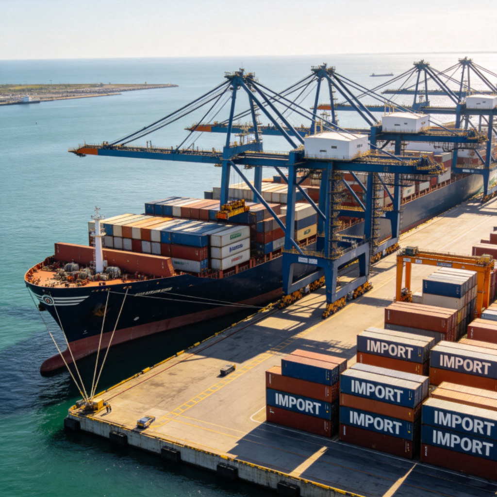 Aerial view of a large, bustling seaport. A massive cargo ship is docked, with huge containers being unloaded by cranes. Several containers stacked on the dock have clear "IMPORT" labels on their sides. Sunny day, clear focus on the ship and labeled containers.