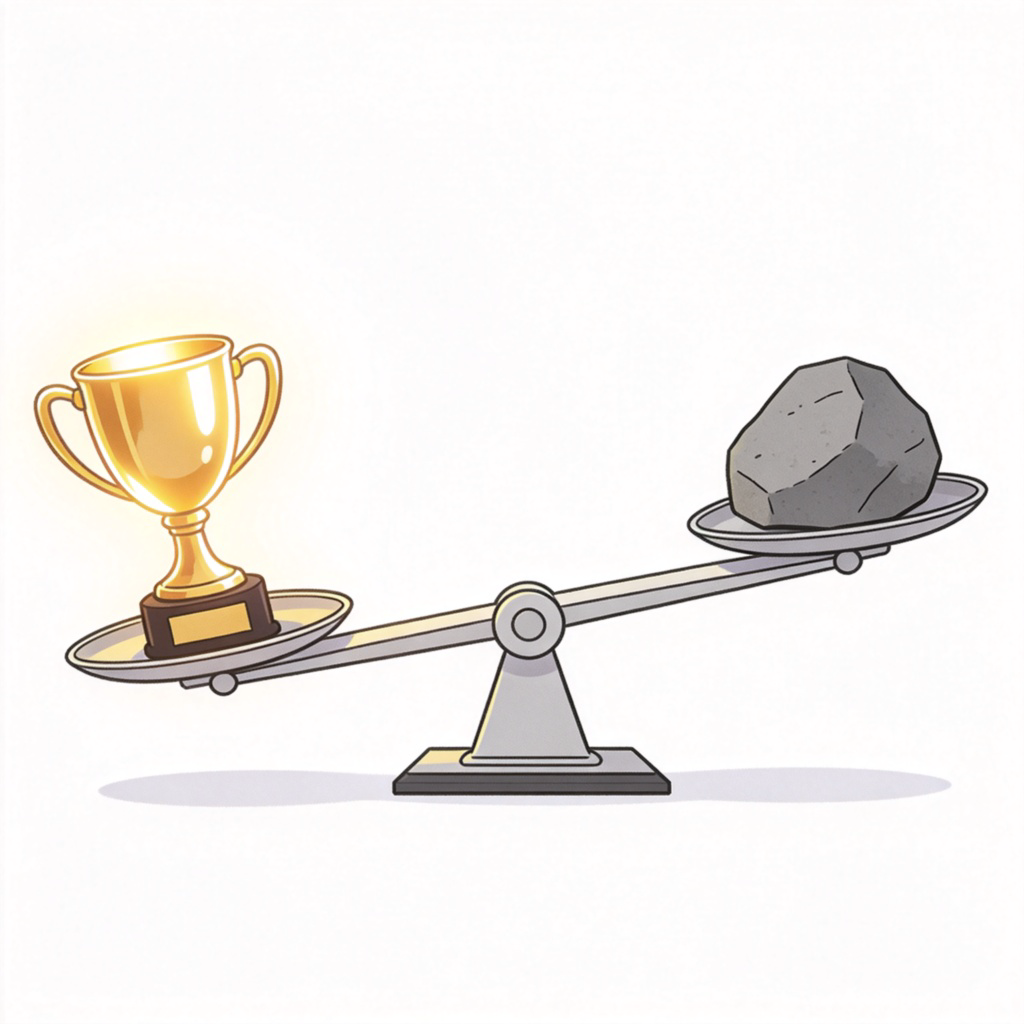 A simple illustration of a classic balance scale. On one side of the scale sits a glowing, shiny trophy. On the other side sits a plain, grey rock. The scale is clearly tilted down towards the trophy's side. Clean, white background. No text, logos, or numbers.
