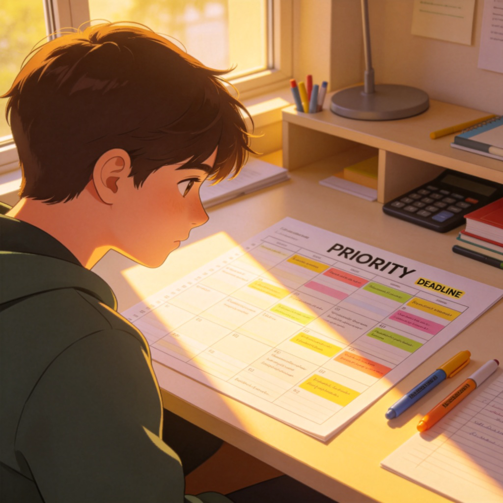 A student sits at a neat desk, looking intently at a weekly study planner. The planner has colorful highlighters marking key tasks. Sunlight streams through a window, illuminating the words 'PRIORITY' and 'DEADLINE' written on the page. Focus is on the planner and the student's concentrated expression. Clean, realistic style.