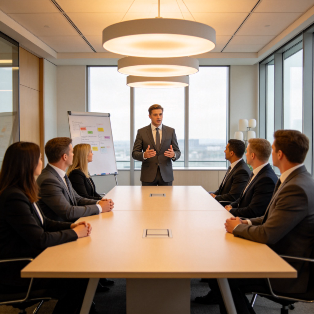 A business conference room setting. A well-dressed man in a suit stands at the head of a long table, speaking confidently. Other people around the table are all turned towards him, listening attentively. He is the clear focal point of the room. Modern office environment, professional atmosphere.