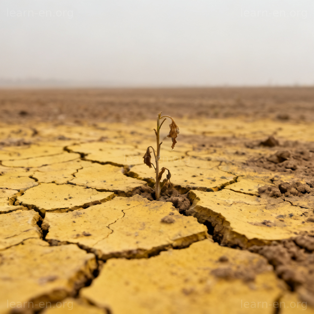 Impoverished soil with cracked earth and wilted plant