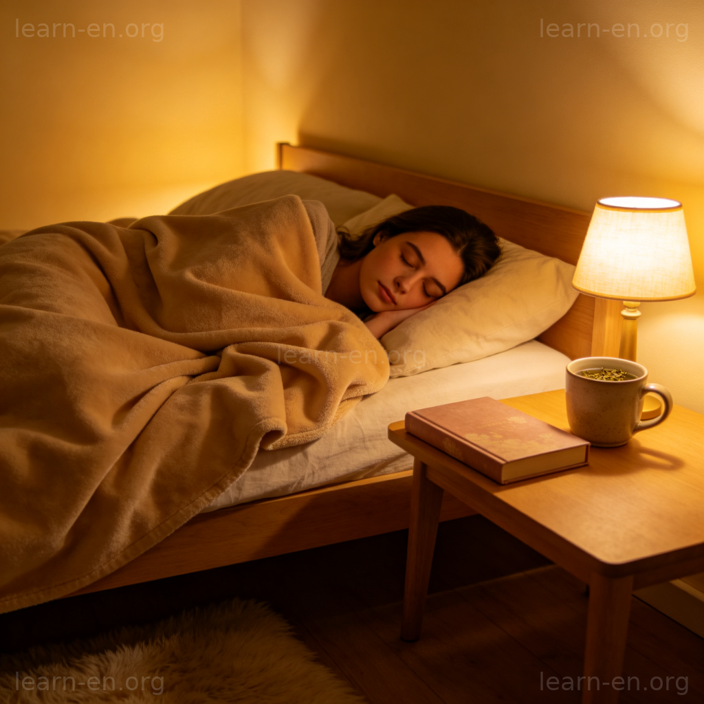 Improving sleep quality 图解：宁静卧室中安睡的人，床边有书和花草茶