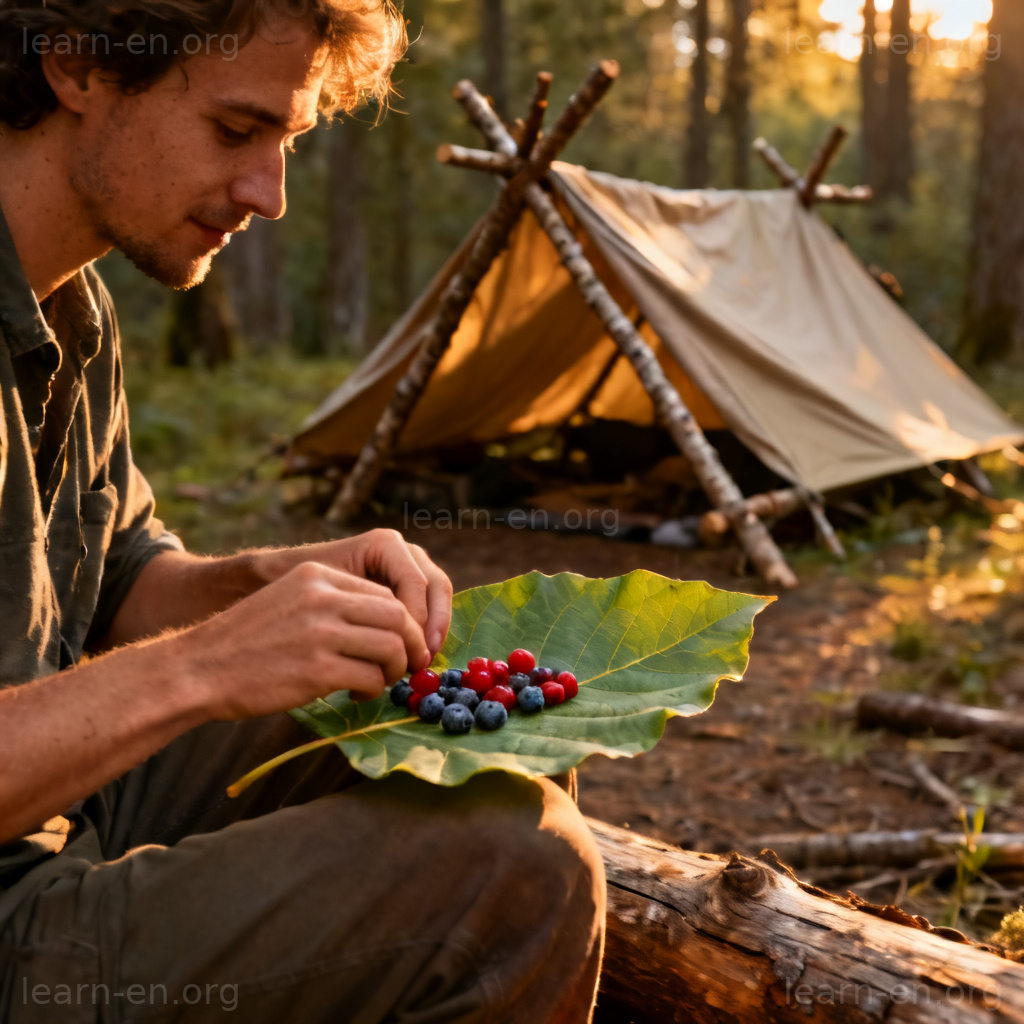 Improvise definition shown by a camper using a leaf as a plate, demonstrating resourcefulness.