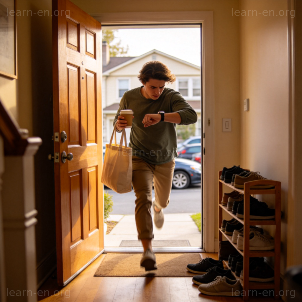 in a rush 图解：一个人匆忙跑出公寓，看手表很着急的场景