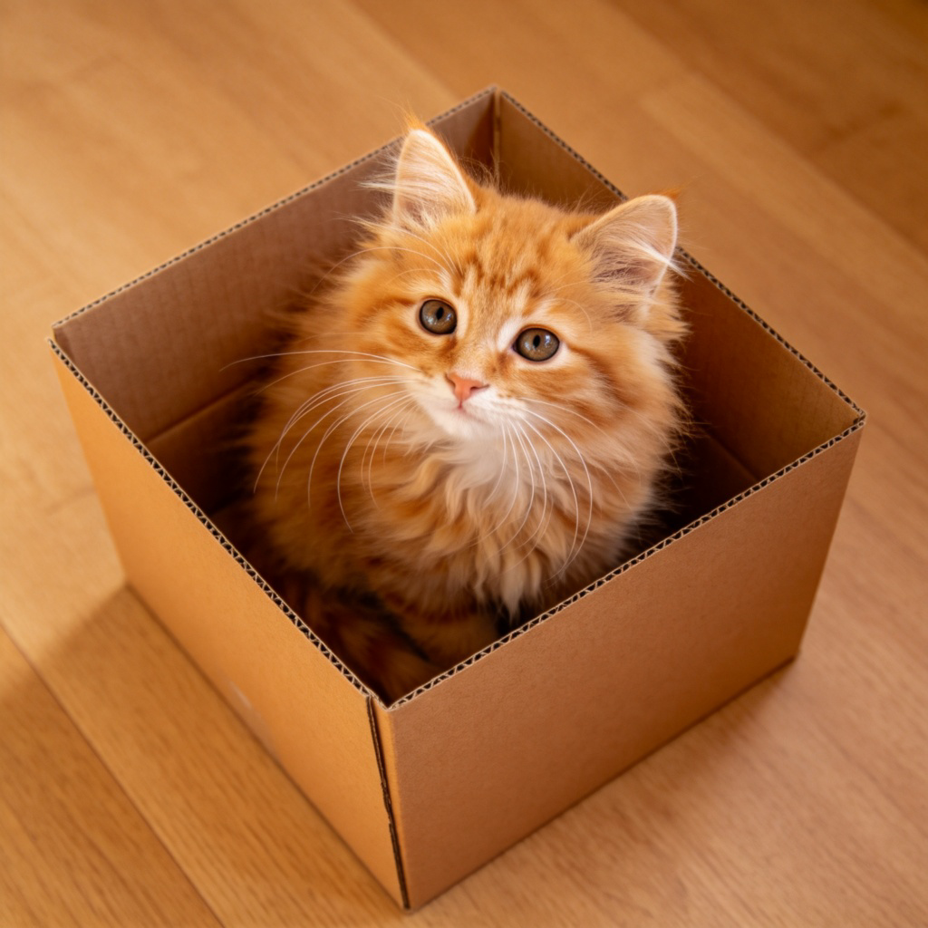 A fluffy orange kitten sitting comfortably inside an empty brown cardboard box. The box is placed on a plain wooden floor, and the kitten is looking curiously out. Soft natural light, focus on the kitten inside the container.