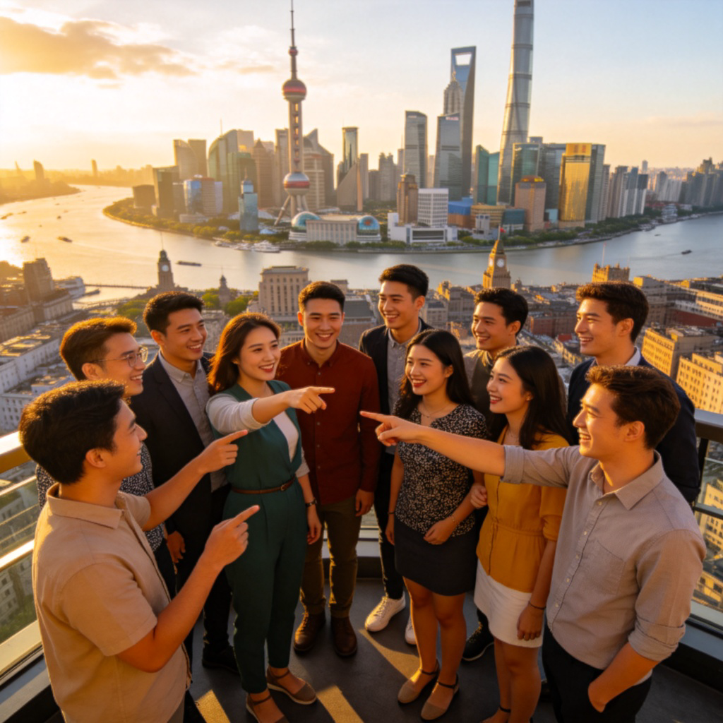 A diverse group of smiling people standing together on a observation deck with a famous city skyline in the background, like Shanghai's Lujiazui or London's Thames riverbank. They are pointing and talking, clearly enjoying being in that city. Bright daylight.