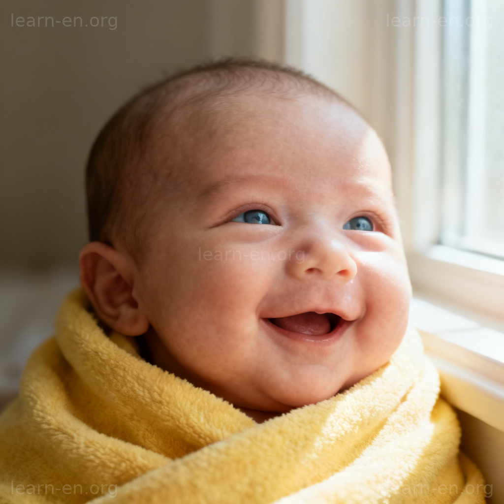 Inborn calm personality newborn baby smiling in yellow blanket