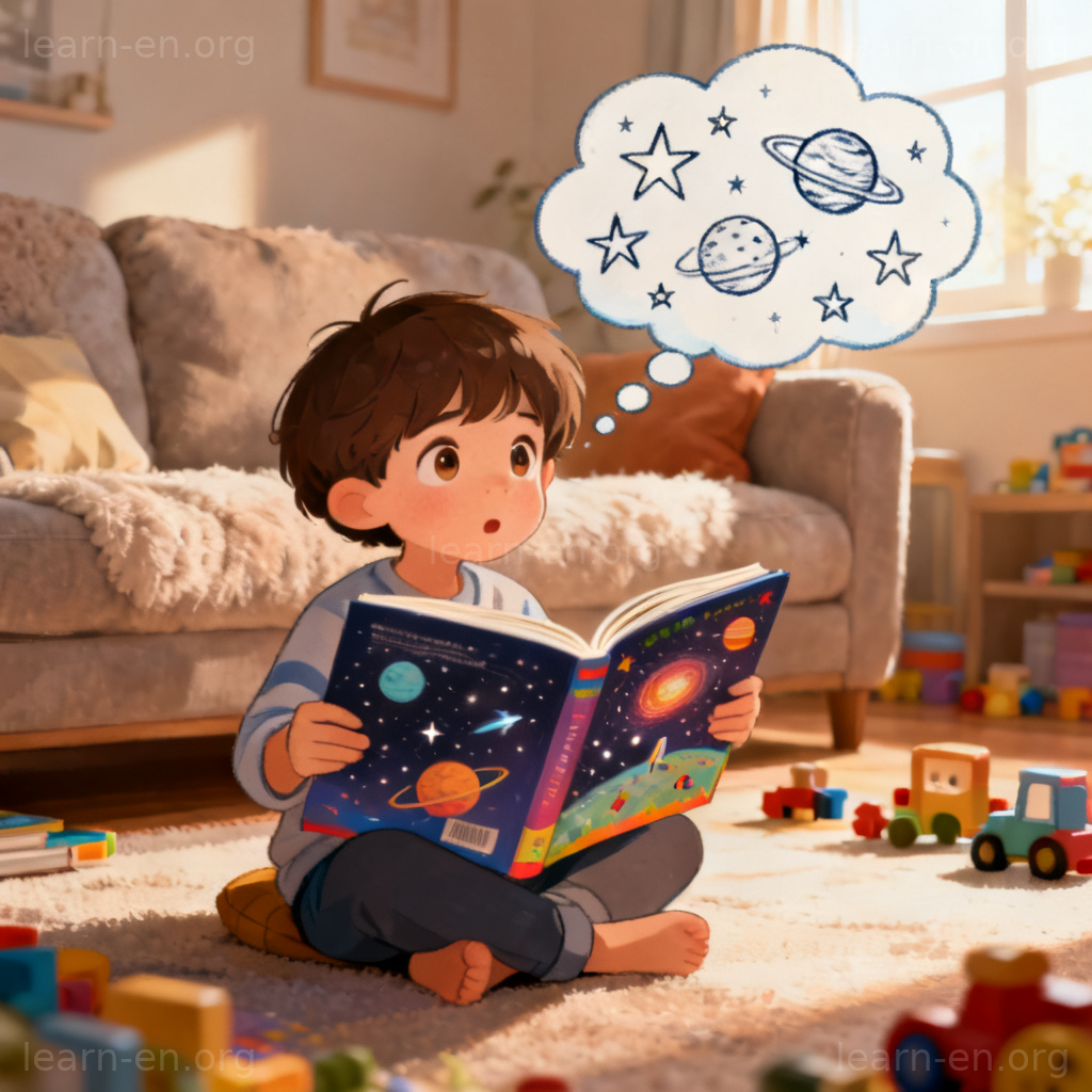 Internal incentive shown by a curious child reading a science book about space.