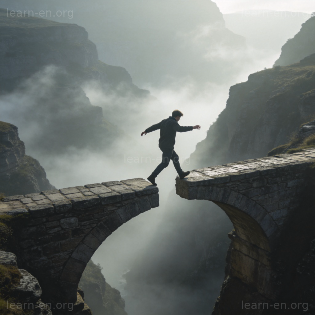 inch缓慢移动场景：人物在狭窄桥上小心挪步