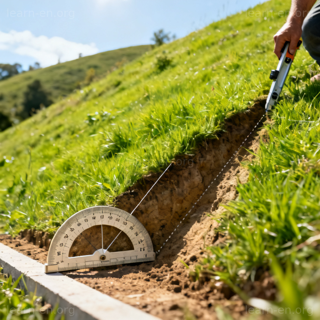 Diagram showing inclination as a slope, measuring the angle of a hillside with a protractor.