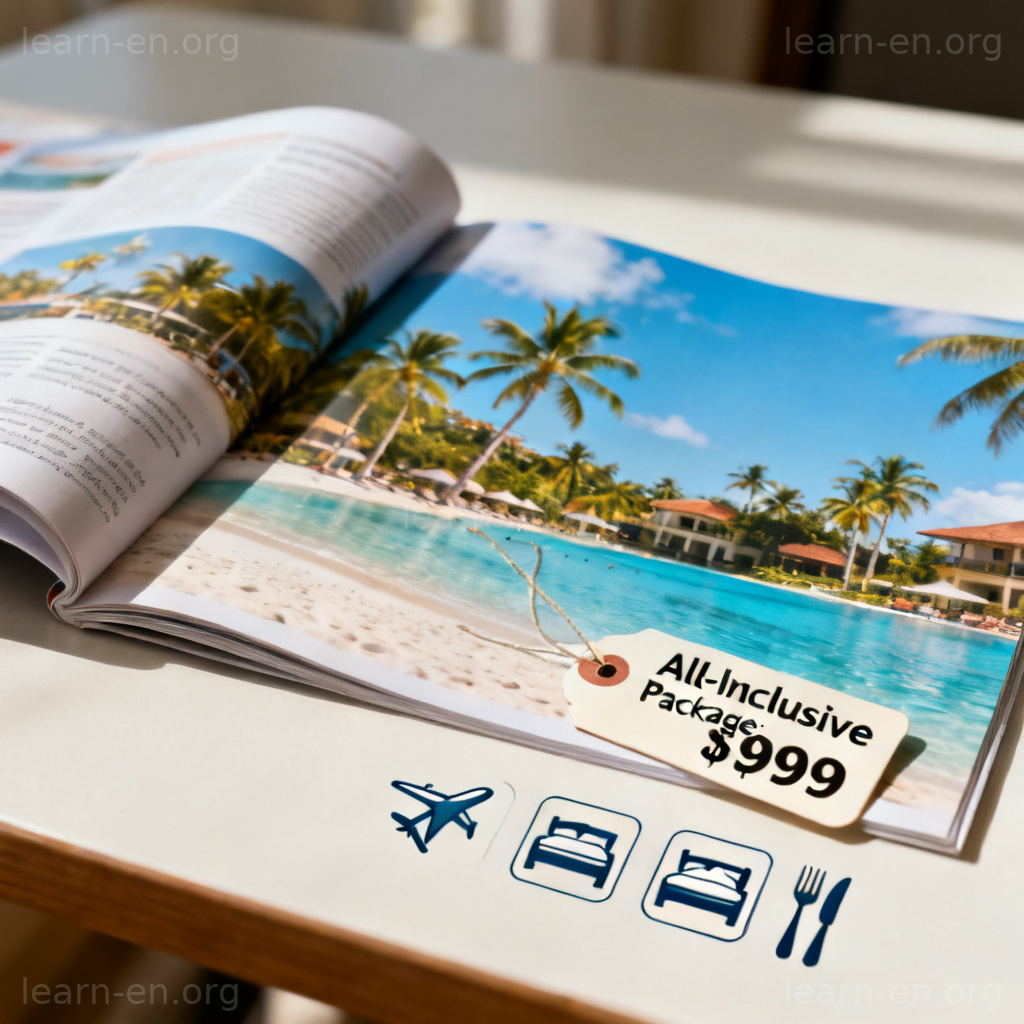 Visual of all-inclusive travel package showing price covering flights, hotel, and meals.