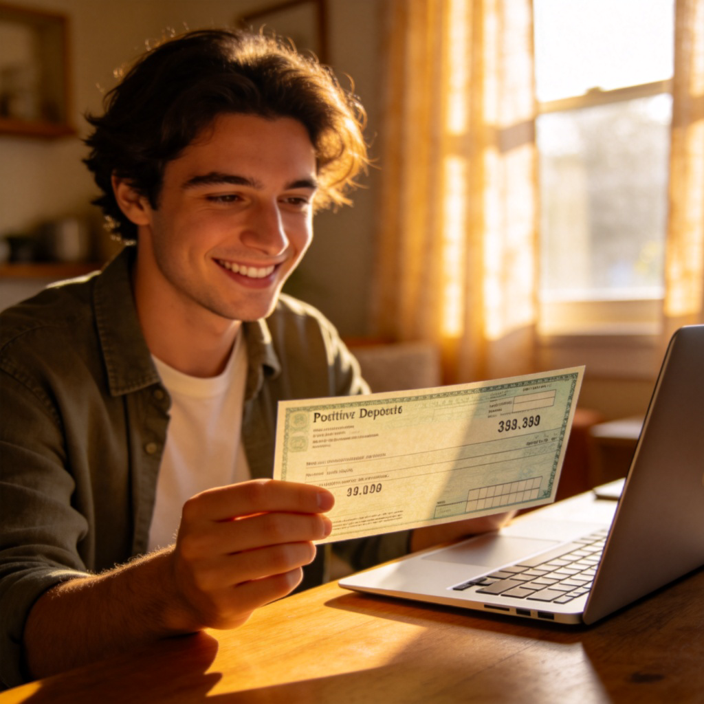 A smiling person in casual clothes holding a printed paycheck that shows a positive deposit amount, standing in a cozy home setting with a table and laptop in the background. The paycheck is the main focus, with clear numbers visible, representing earnings. Natural lighting from a window, photorealistic style, no logos or text.