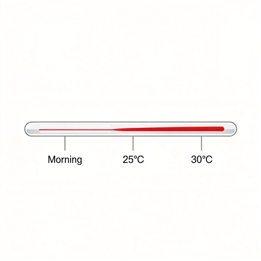 A simple, clear illustration of a thermometer on a plain background. The red mercury or alcohol level inside the thermometer is visibly rising from left to right over three sequential time points (marked subtly as morning, afternoon, evening). The temperature numbers increase from 20°C to 25°C to 30°C. The style is clean and diagrammatic, focusing solely on the rising level. No people or complex scenes.