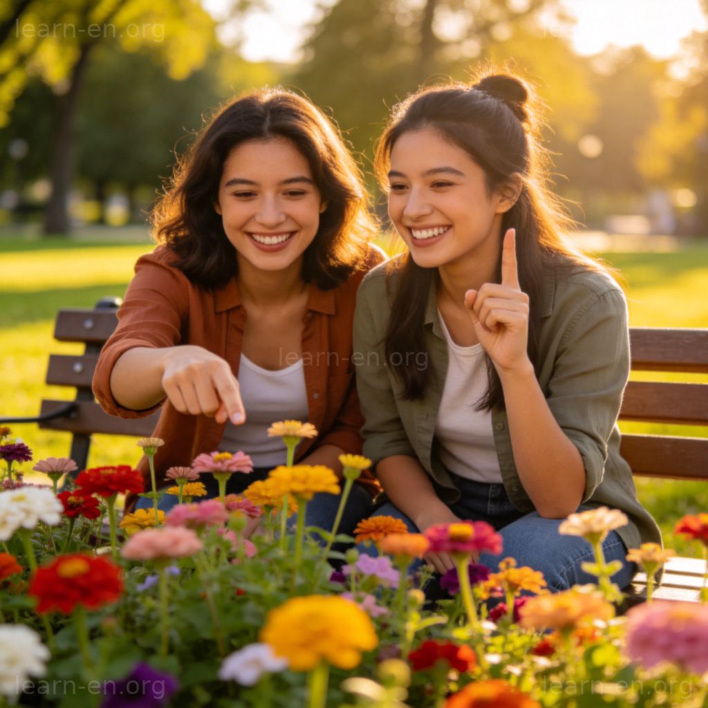A close-up photo of two friends sitting on a park bench, one is smiling and pointing at a beautiful flower bed, the other is nodding with a big, agreeing smile and holding up one finger as if saying "exactly". Warm, natural sunlight. No text.