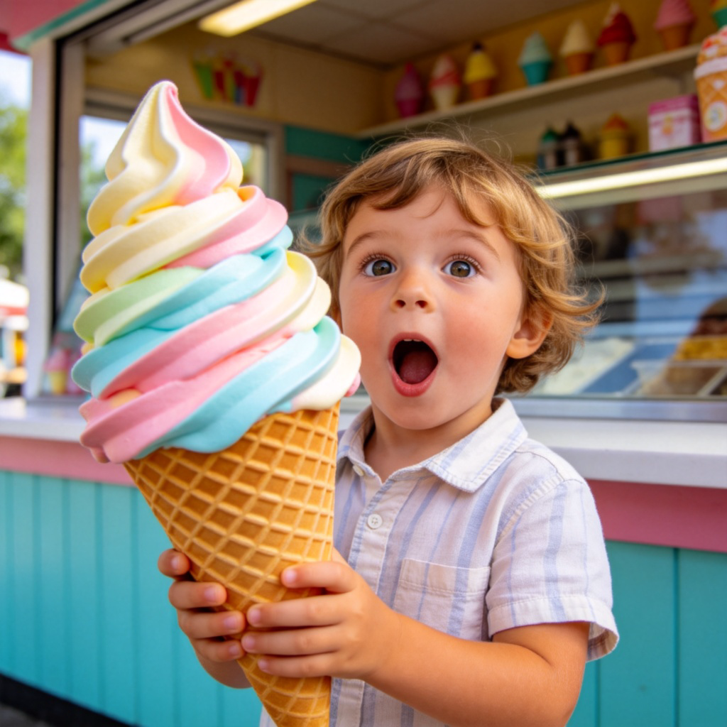 A child holding a giant, colorful ice cream cone that is much larger than expected, with a look of delighted surprise on their face. The background is a simple ice cream shop counter. The image shows something exceeding normal expectations. No text.