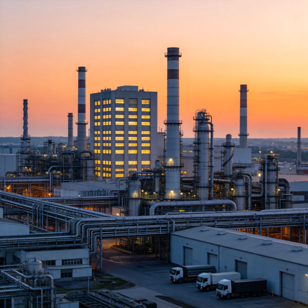 A wide-angle view of a modern industrial area at dusk. Tall factory buildings with rows of windows, large chimneys, and complex pipe networks are lit from within. There are a few trucks parked near warehouses. The sky has a soft orange hue, creating a contrast with the structured, man-made landscape. No text.