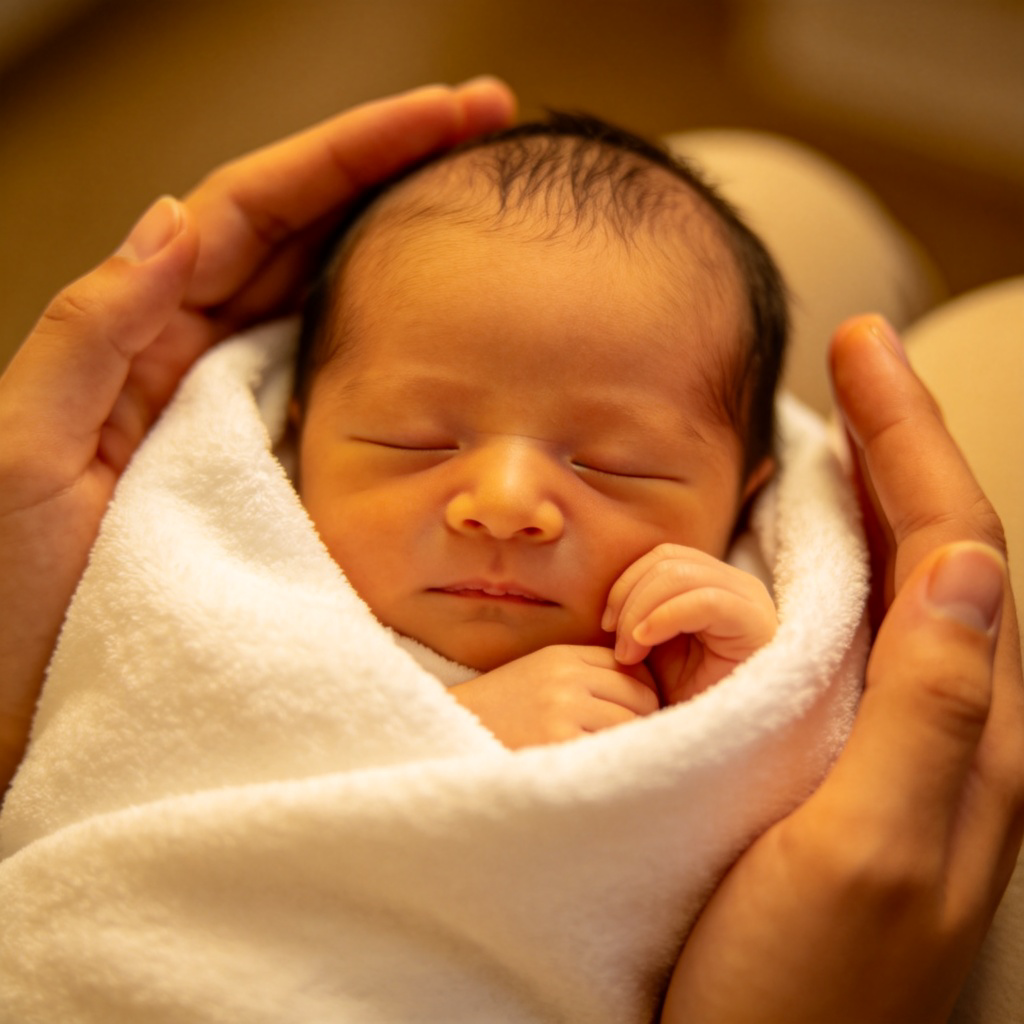 A close-up, soft-focus photo of an adult's hands cradling a sleeping infant wrapped in a soft white blanket. The infant's face is peaceful and details like tiny fingers are visible. The background is simple and slightly blurred, with warm, gentle lighting. No text or logos.