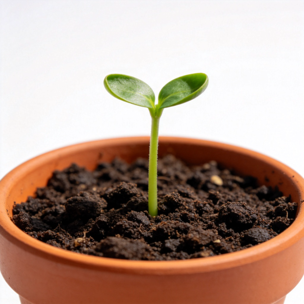 A bright, clear photo of a single green seedling sprouting from dark, rich soil in a simple terracotta pot. The seedling is small with just its first two leaves unfurled, symbolizing a new beginning. Plain background, sharp focus on the plant. No text or decorative elements.