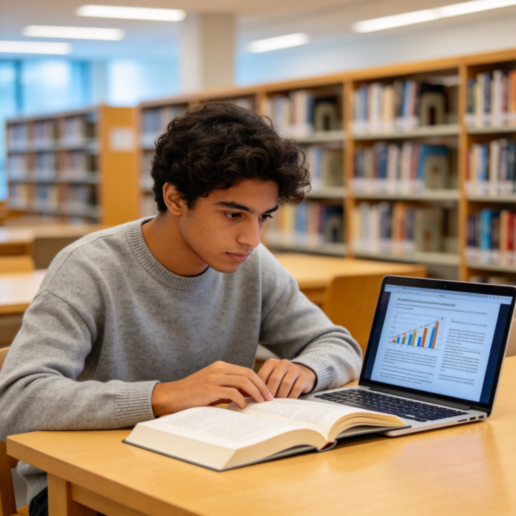 A person of diverse ethnicity sitting in a modern public library, looking intently at an open book and a laptop screen with graphs and text. The scene is bright and focused on the act of learning, with bookshelves in a slightly blurred background. No text on the screens or book pages.