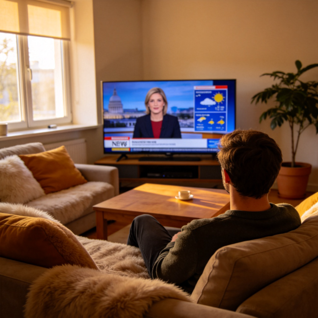 A person sitting comfortably on a sofa at home, watching a television news broadcast on a large screen. The news anchor is visible, and weather graphics are shown. The living room is cozy and well-lit, with a window showing daylight outside.