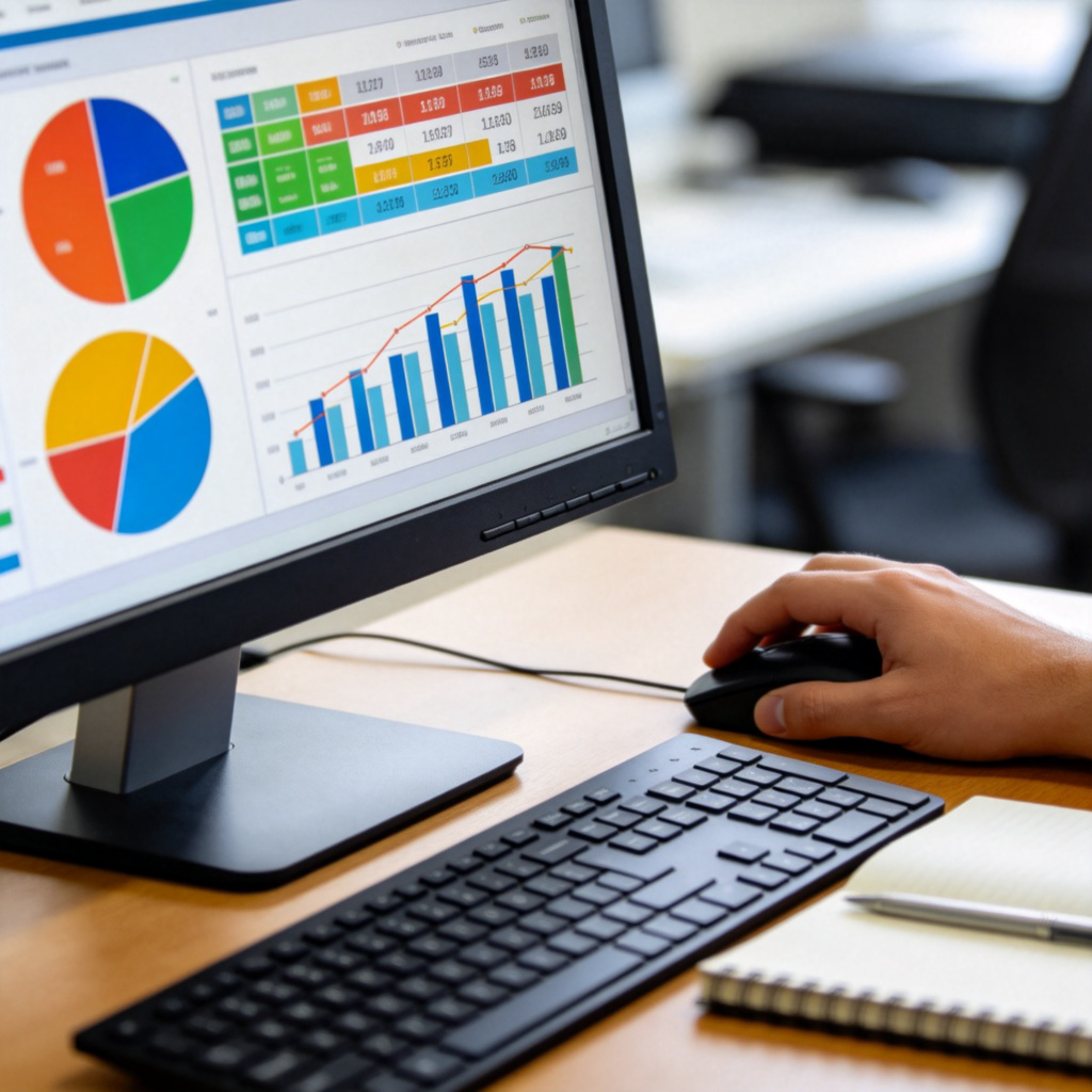 A close-up view of a computer monitor displaying a colorful data dashboard with pie charts, bar graphs, and numbers. A person's hand is using a mouse to click on part of the graph. The desk is neat, with a keyboard and a notebook beside the monitor.