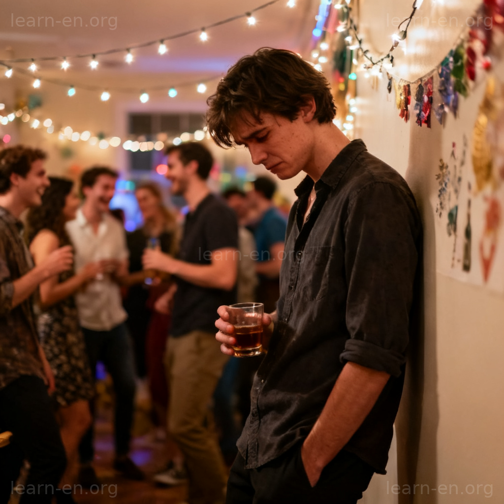 Inhibit social behavior: uncomfortable person at lively party